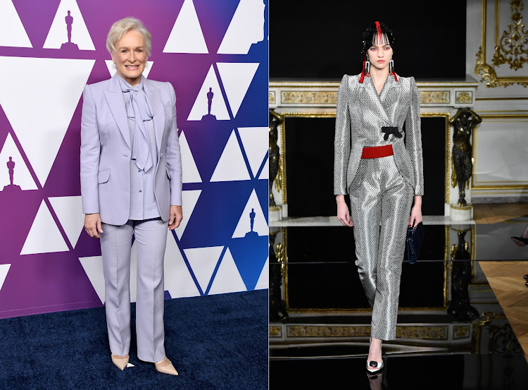Glenn Close in Alexander McQueen (left), and the Armani Privé suit we'd love to see her in at the 2019 Oscars.