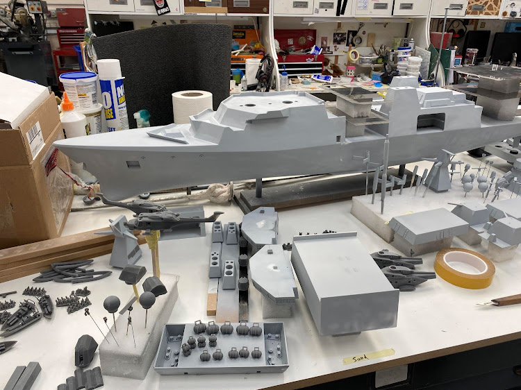 A military model in progress in the Amalgam Modelmaking workshop complete with intricate 3D-printed components.
