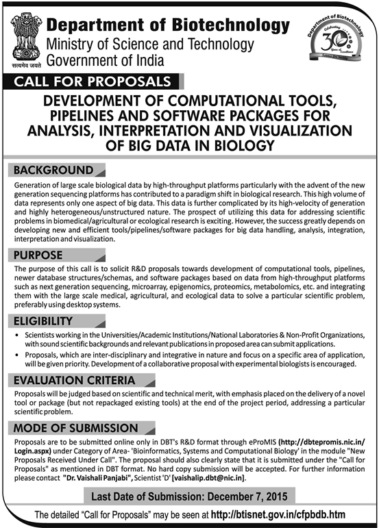 DBT Call for proposals on development of computational tools, pipelines, and software packages for analysis, interpretation and visualization of Big Data in Biology