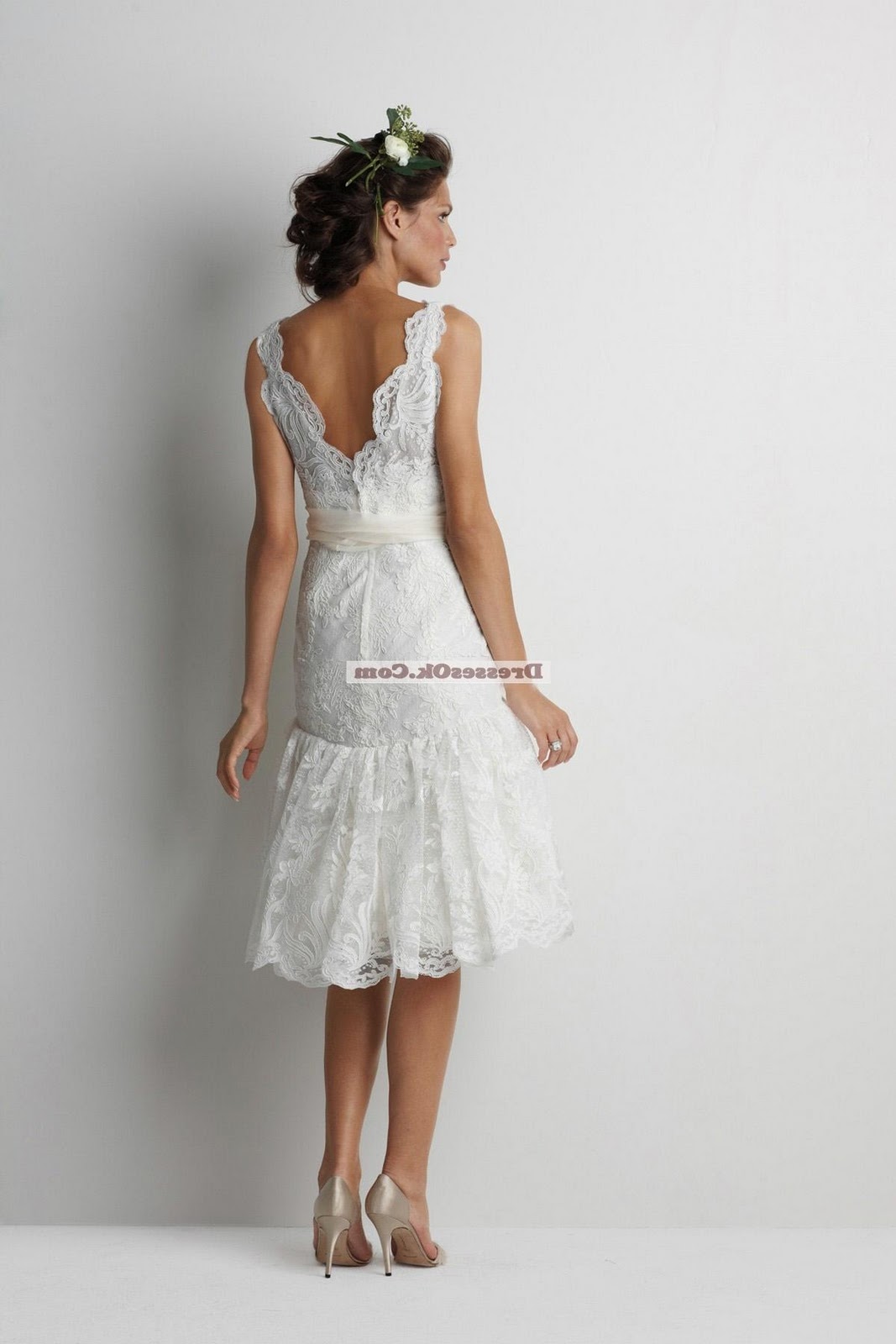 Elegant A-Line V- neck tea-length Wedding Dresses WATTWD05047
