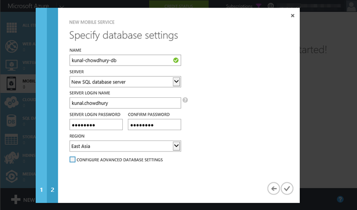 4. Windows Azure - Mobile Service - Specify Database Settings (www.kunal-chowdhury.com)