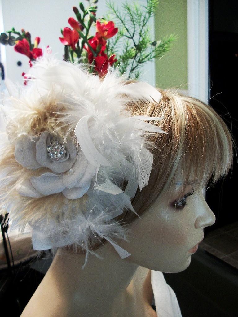 Wedding headpiece champagne feathered. From Jannyfays