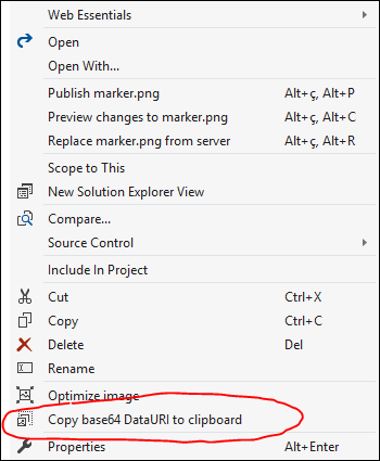 opção para gerar o código base64 a partir do Visual Studio com extensão Web Essentials