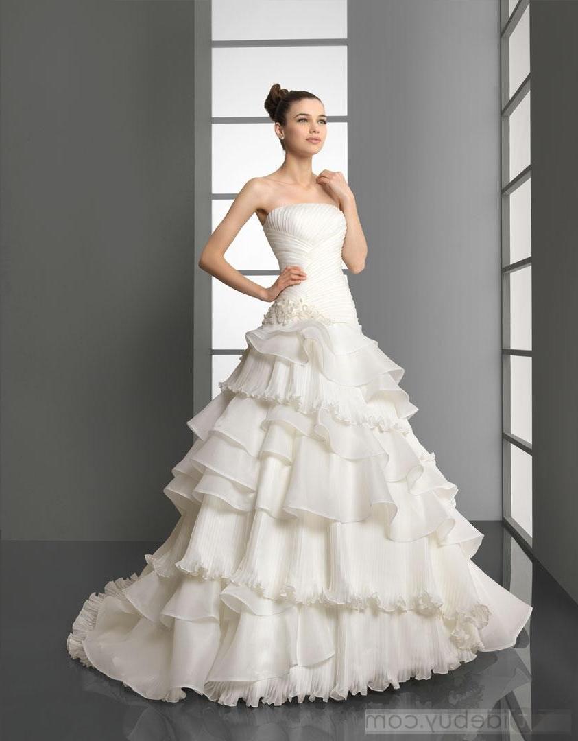 Free Shipping Gorgeous Strapless A-line Tiered Chapel Train Wedding Dresses
