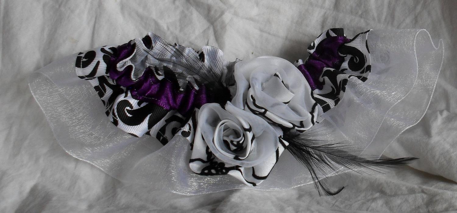 Damask and Purple Bridal Garter Set with Damask Roses and Feathers