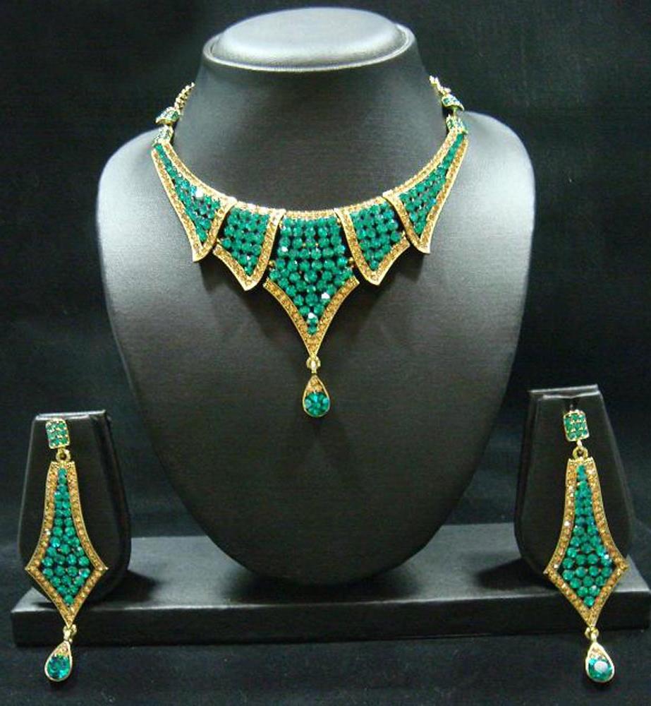 Sea Green Diamantes Necklace Set, Diamond Jewelry, Bridal Wedding Jewelry,