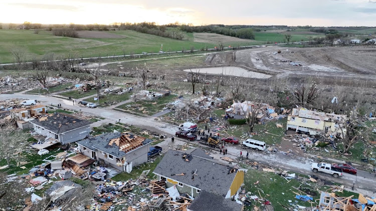 A drone view shows emergency personnel working at the site of damaged buildings in the aftermath of a tornado in Omaha, Nebraska. Picture Alex Freed/via Reuters