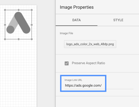 The Image Properties panel for a Google Ads image displays the link https://ads.google.com in the Image Link URL field. 