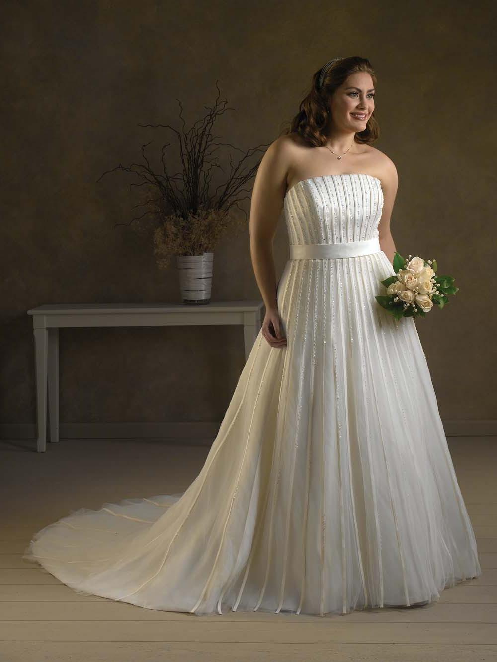 Tulle Strapless Neckline Satin Band With Beads On A Line Semi-cathedral