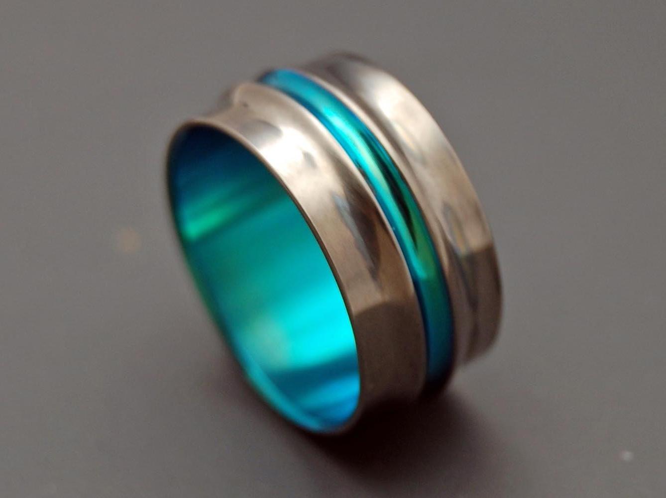 Turquoise Groove with a Wide Flare - Titanium Wedding Bands