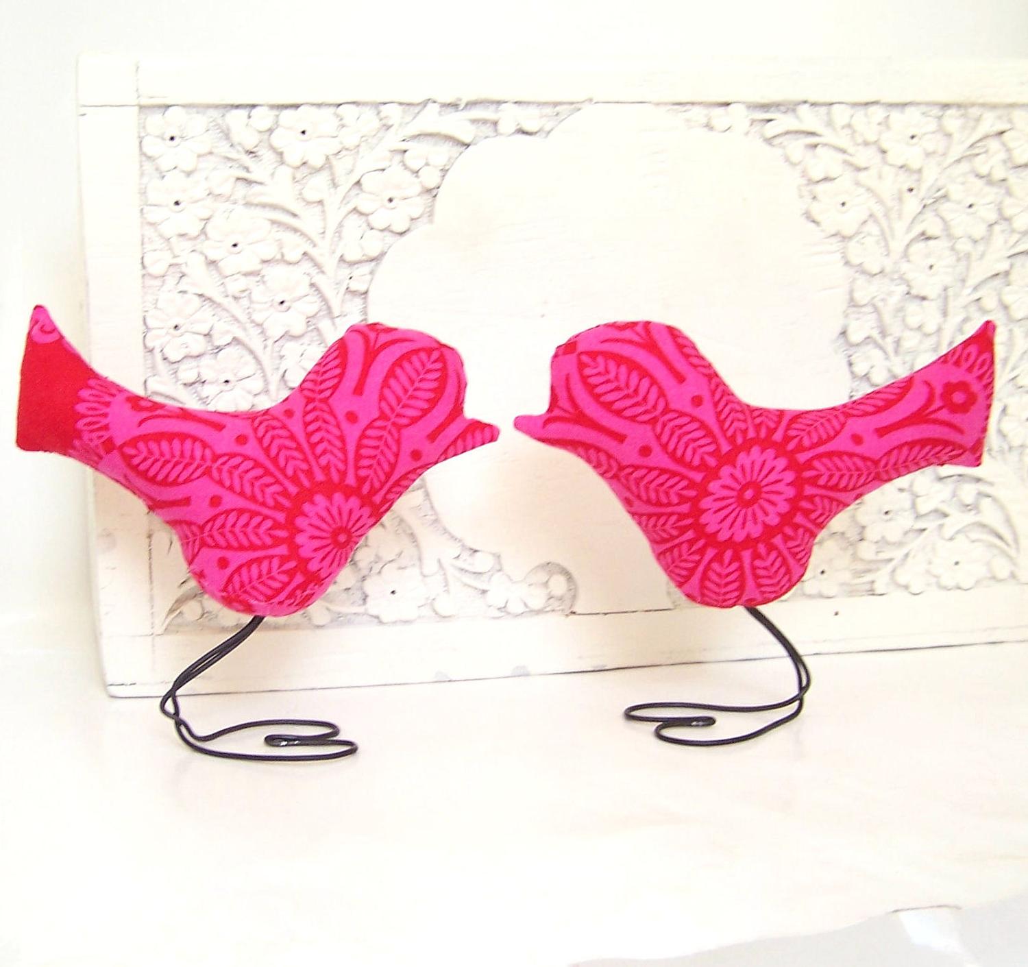 Valentines Day Gift, Wedding Cake Topper Love Birds in Bright Pink and Dark