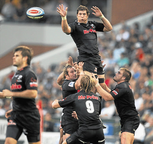 MINE: Willem Alberts of the Sharks goes up during a lineout to take clean ball during yesterday's Super Rugby match against the Chiefs in Durban. The Chiefs won 18-12 Picture: GALLO IMAGES