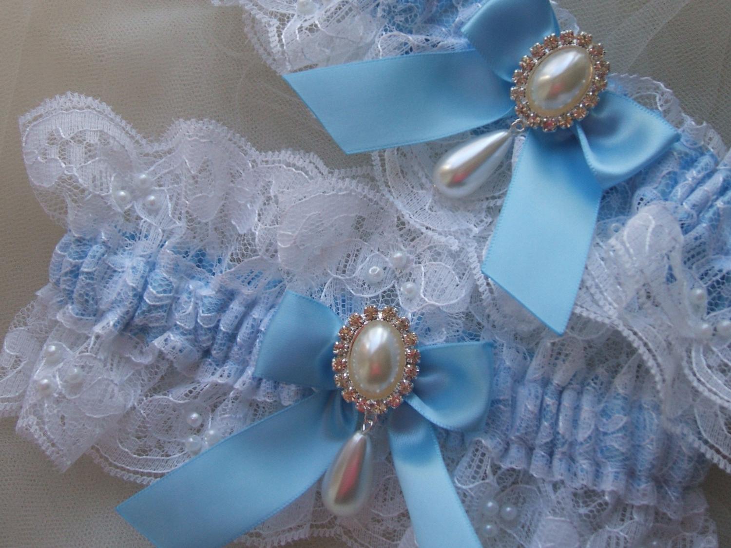 Wedding garter set light blue satin and white beaded Chantilly lace with