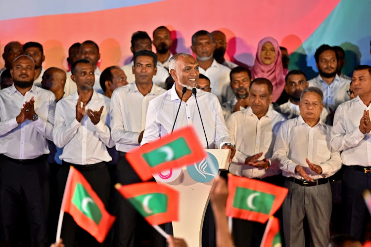 Maldives President Mohamed Muizzu addresses his supporters in Male, Maldives, April 22 2024. Picture: REUTERS