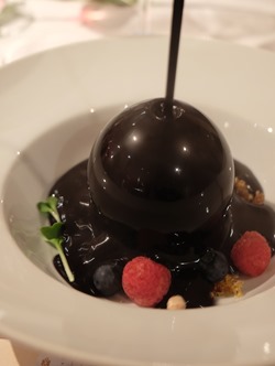 Chocolate Ball with sacher blueberry yoghurt cake topped with chocolate sauce
