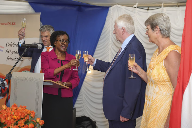 Ambassador Lucy Kiruthu (left), the acting Director General for Political and Diplomatic Affairs Directorate at the Ministry of Foreign Affairs with Ambassador Maarteen Brouwer during the event on April 27, 2024.