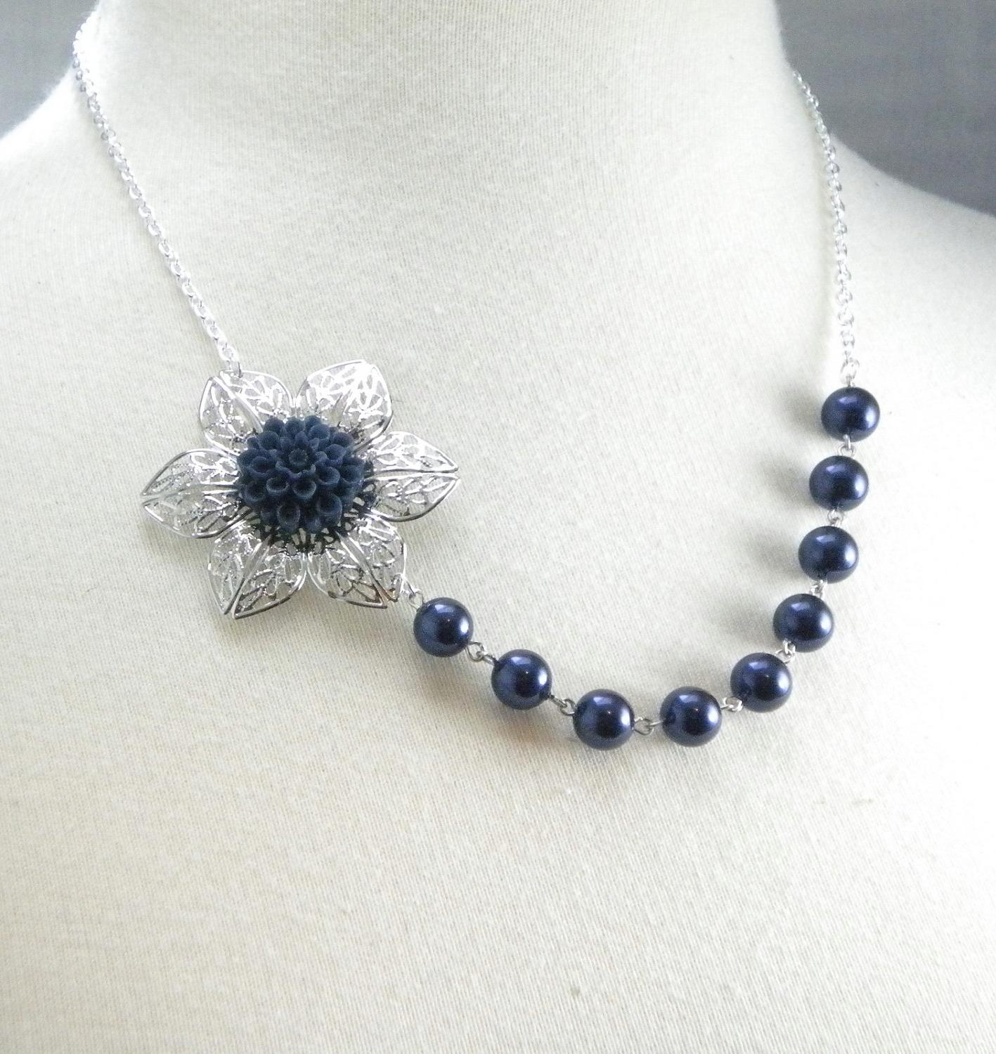 romantic wedding cake toppers Navy Blue and Silver Wedding Flower Necklace. From cymbaline84