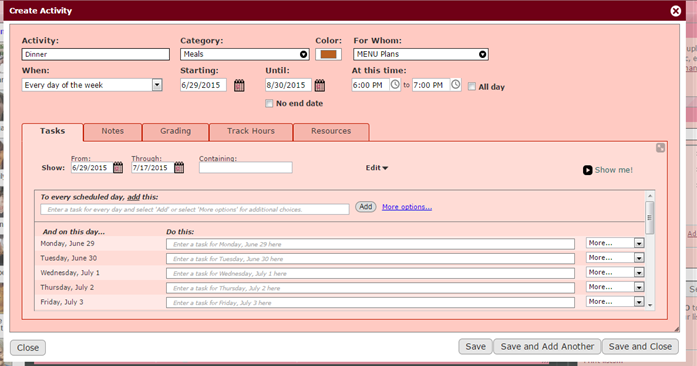 Setting up Dinner using the Everything Else option ~ Homeschool Planet more than an online lesson planner