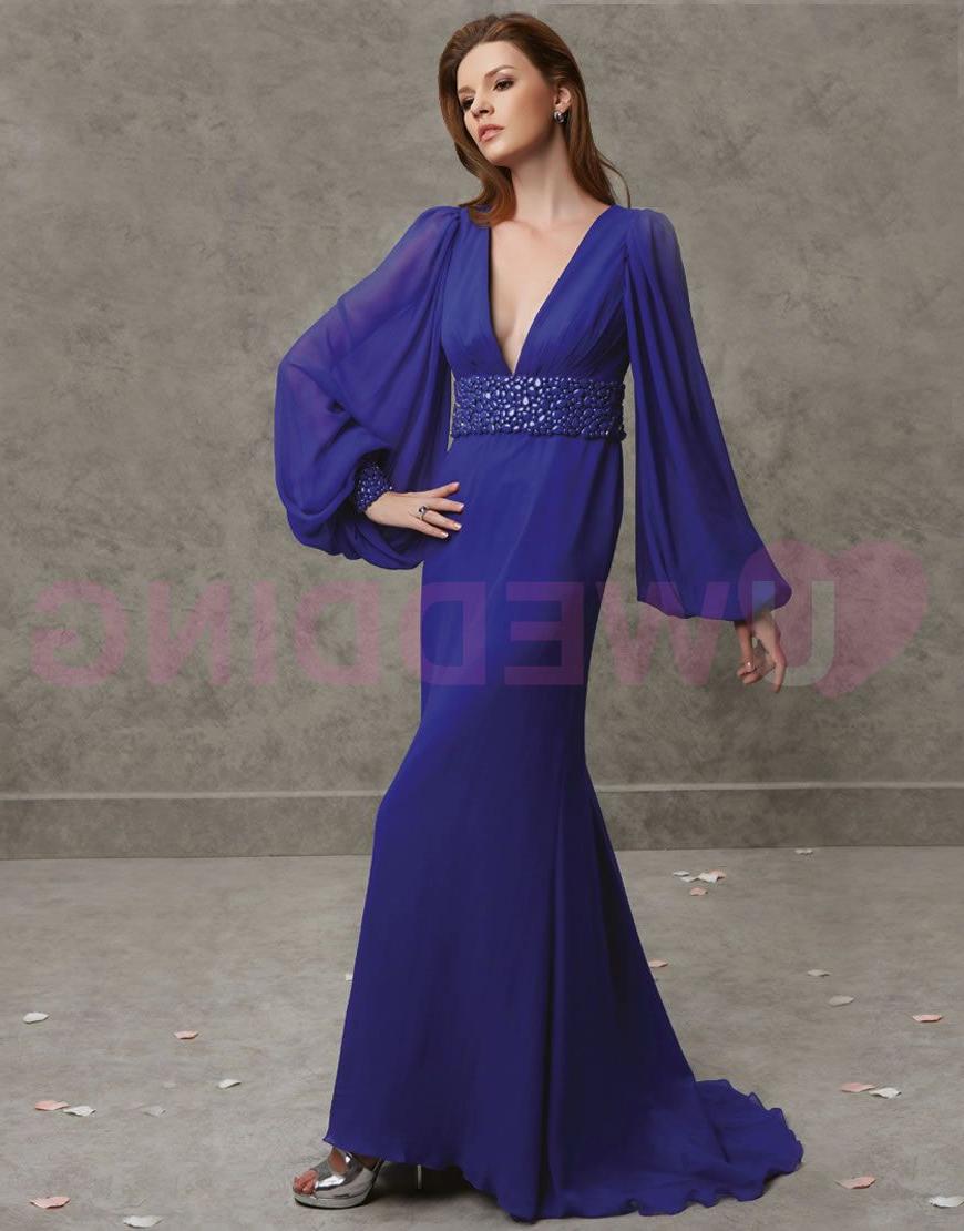 Classical deep v neck silk evening dress with long puff sleeves.