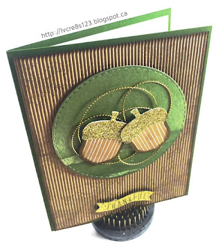 Linda Vich Creates: Acorny Thank You. This thank you card is brimming over with texture from the gold glimmer-capped acorns to the subtle leaf stamps on the corrugated Kraft matte, to the gold cording and stitched matte–all items make this card a winner!