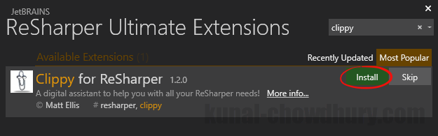 Search Clippy for ReSharper extension (www.kunal-chowdhury.com)
