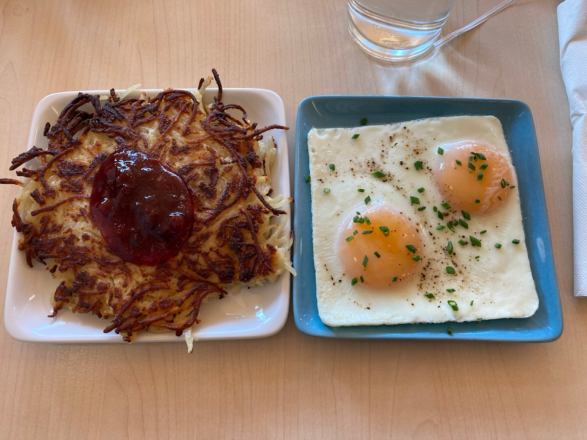 Potato pancakes with lingonberry jam and a side of eggs!