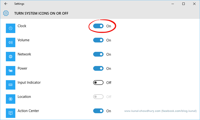 How to turn system icons on or off in Windows 10 (www.kunal-chowdhury.com)