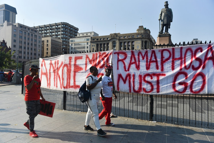 Members of the EFF gather at Church Square after calling for a day of protest and demanding that President Cyril Ramaphosa resigns on March 20 2023. Picture: REUTERS/ALET PRETORIUS