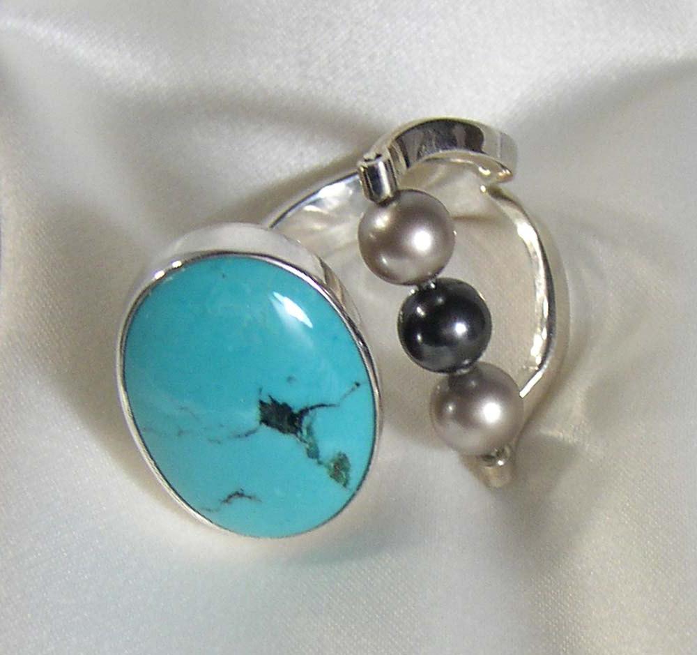 Signed Karizia 925 Sterling Turquoise Champagne Black Pearl Ring Italy Size