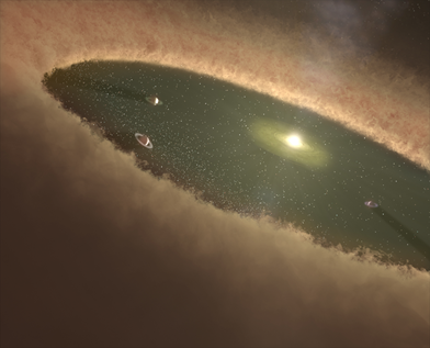ilustração de um sistema estelar jovem e os gigantes gasosos