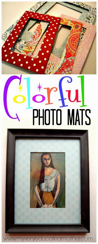 Great idea to recycle cereal and pizza boxes! Colorful photo mats via @mvemother