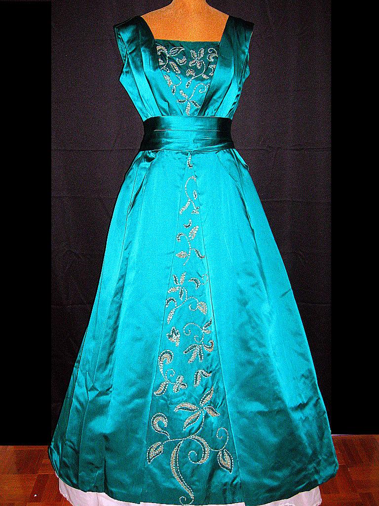 1950s CEIL CHAPMAN teal green silk satin beaded ball gown  modern size 14 