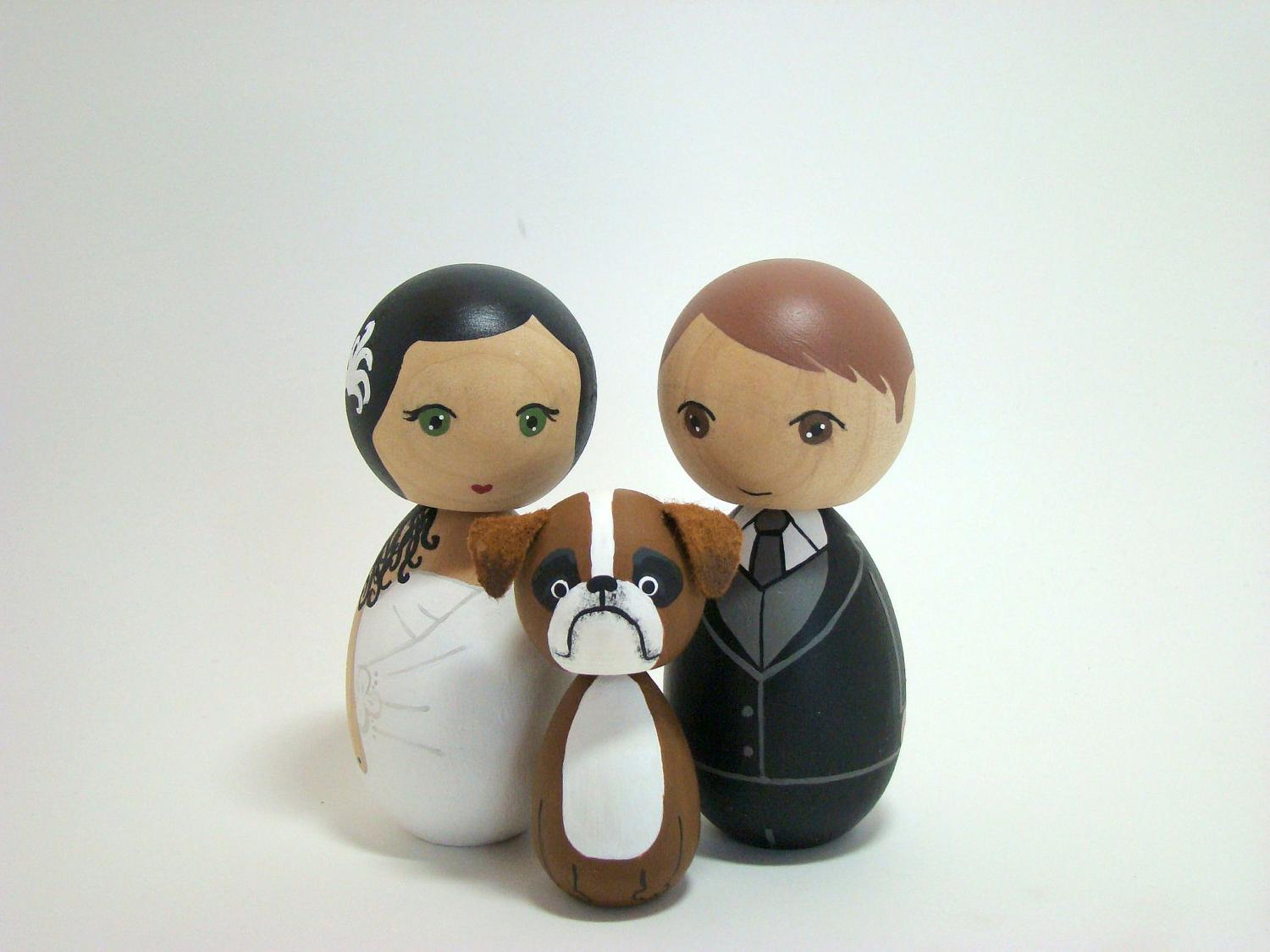 Custom Kokeshi Doll Wedding Cake Toppers with 1 pet. From Pegged