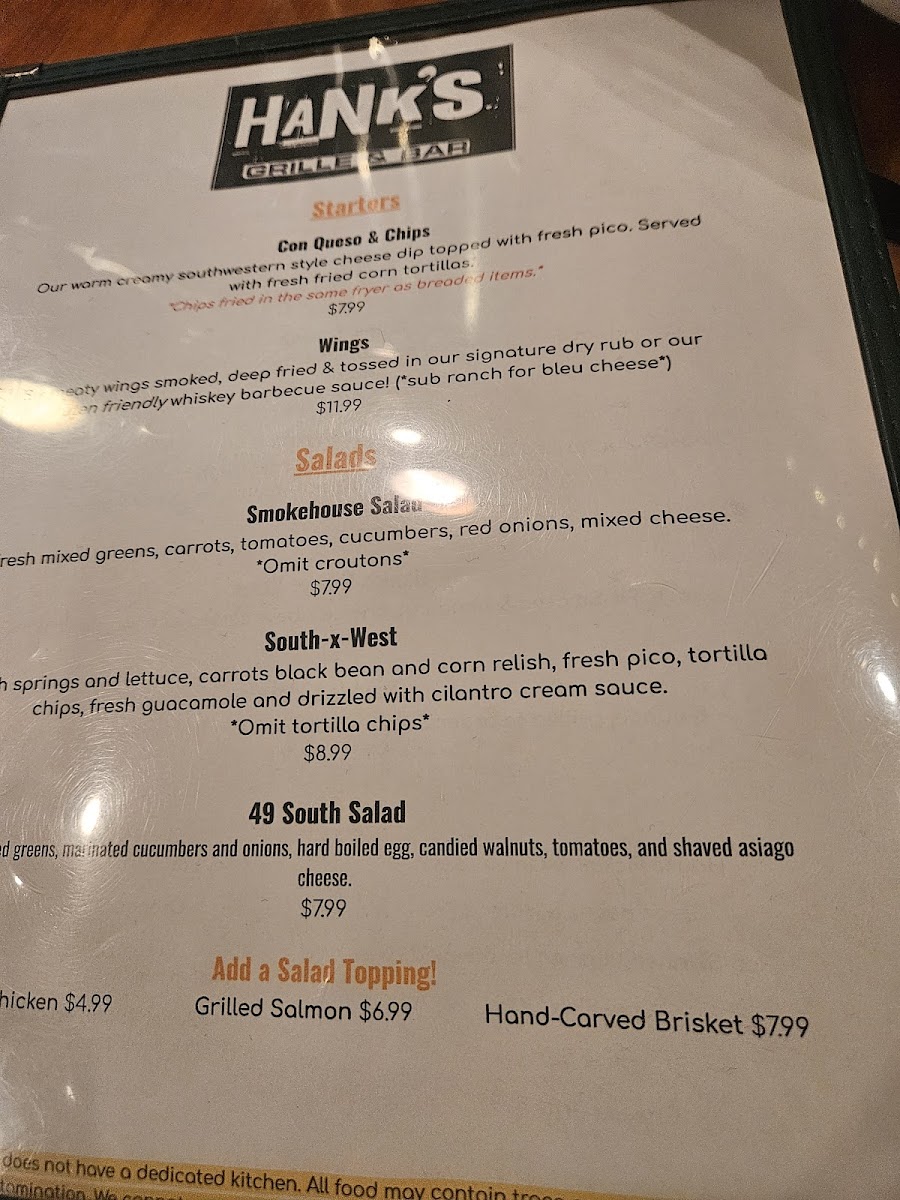Hank's Grille & Catering gluten-free menu