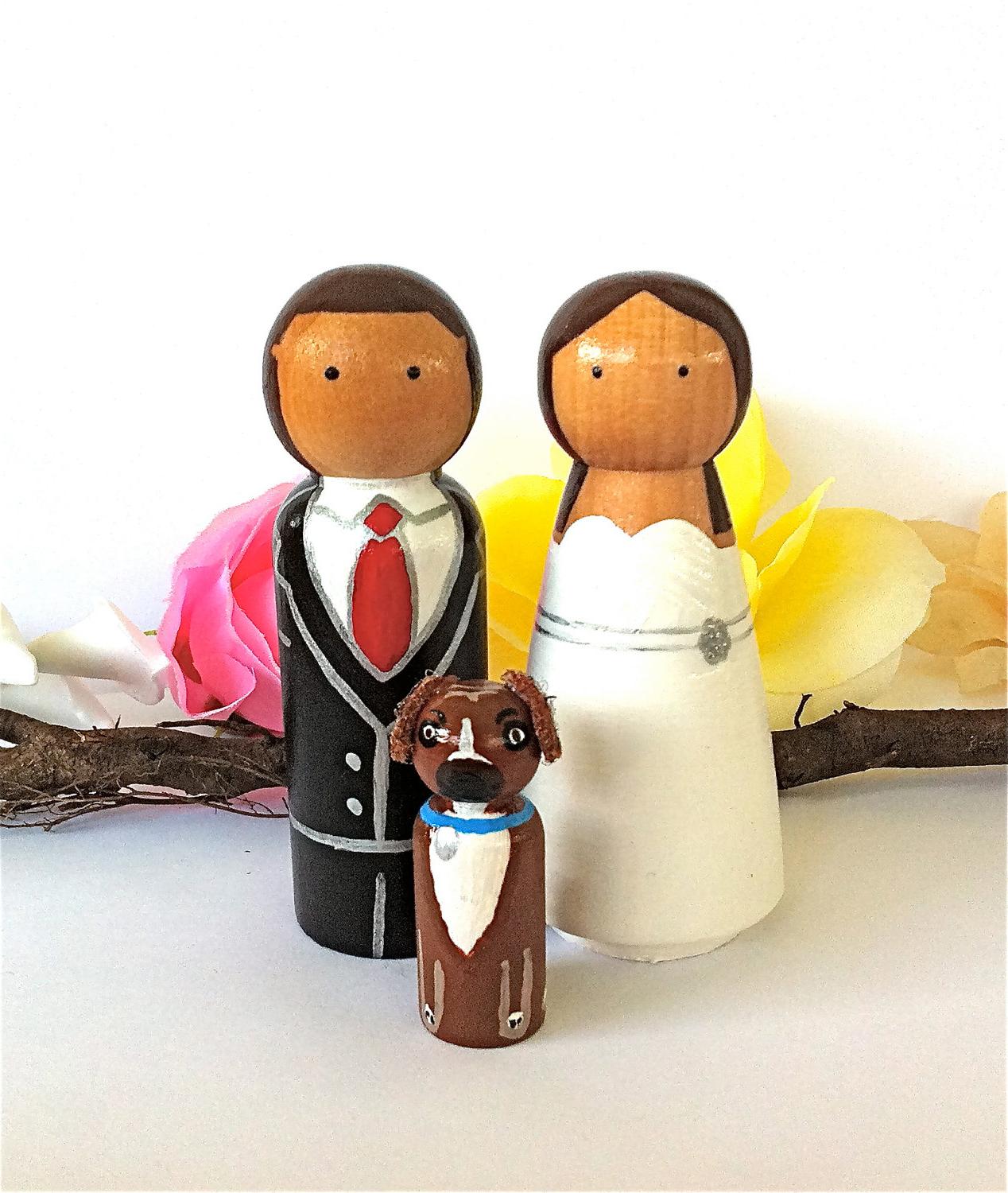 Fully Custom Wedding Cake Topper with 1 Pet Cat Dog Animal Wood Peg Doll