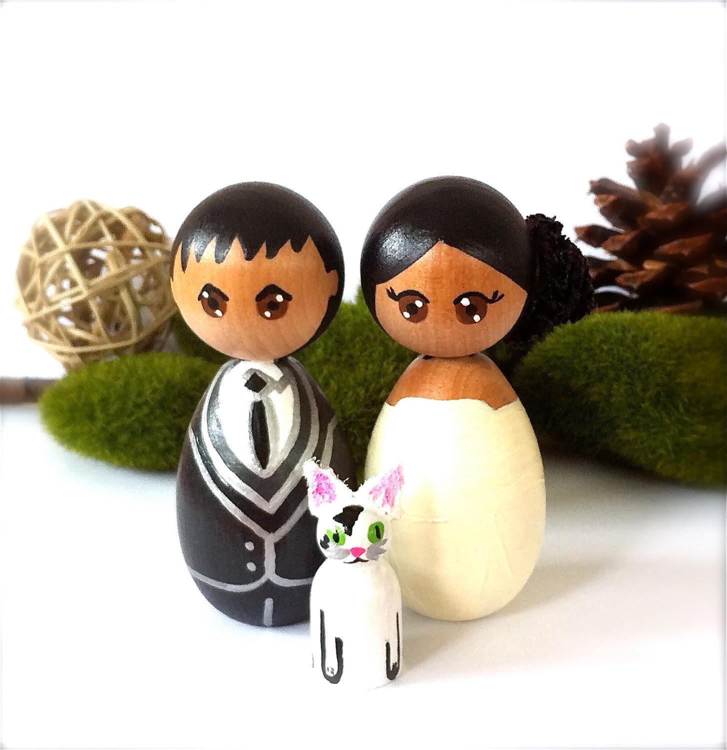 Custom Wedding Cake Toppers with 1 Pet Kokeshi Dolls Wood Peg Japanese Style