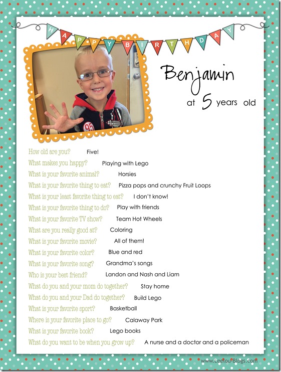 Ben 5th birthday questions