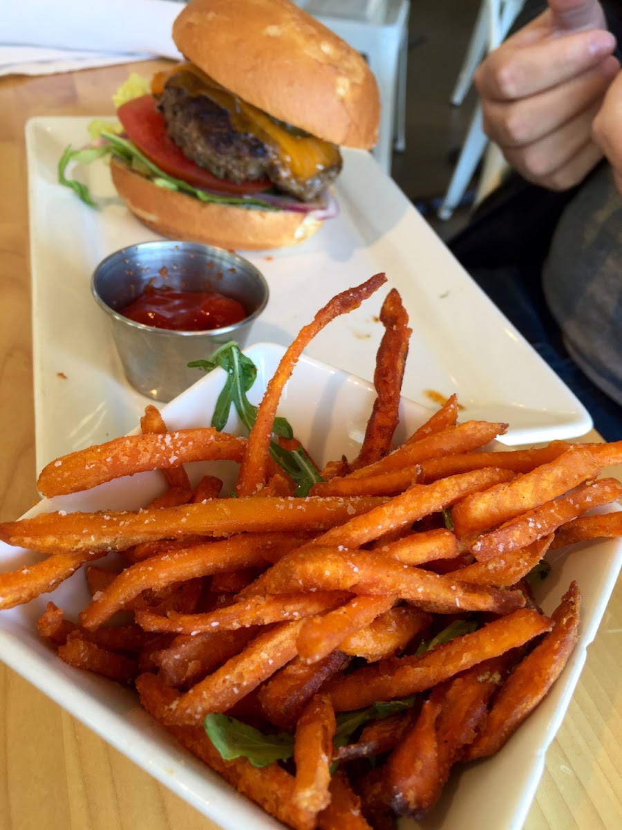 Burger with sweet potato fries