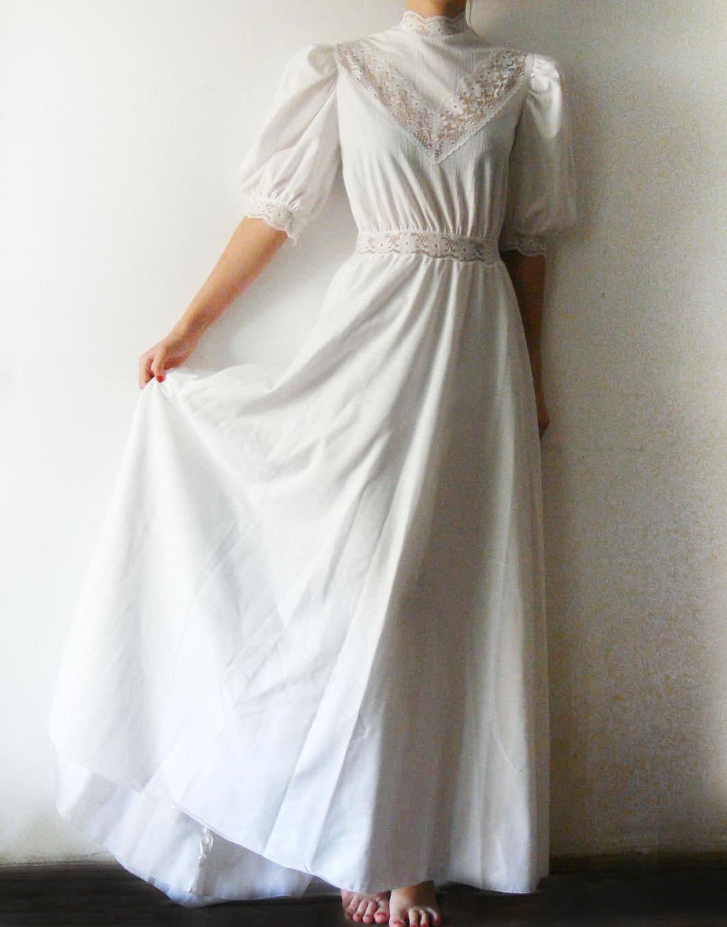 White Vintage Wedding Gown with Lace - 60s or 70s. From WhimsyTime