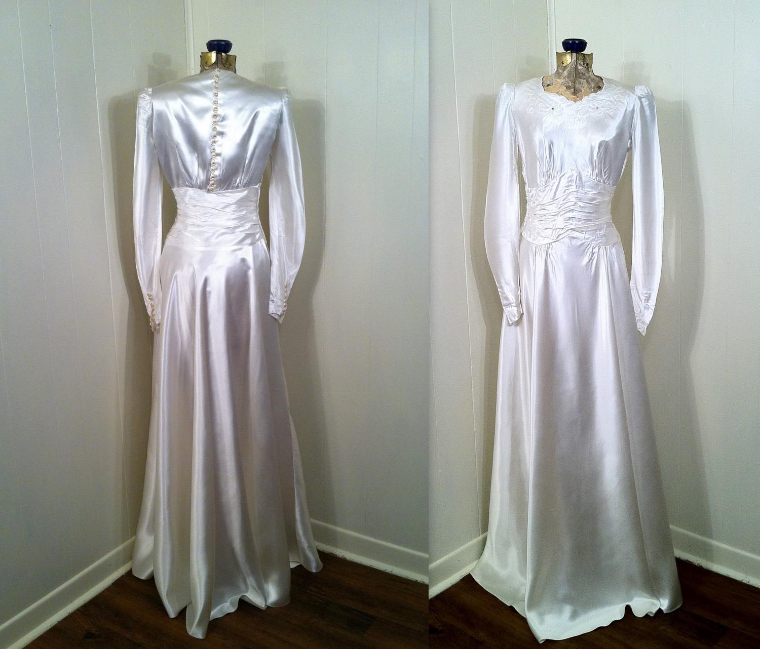 Vintage 1940s White Liquid Satin Wedding Gown. From SLVintage