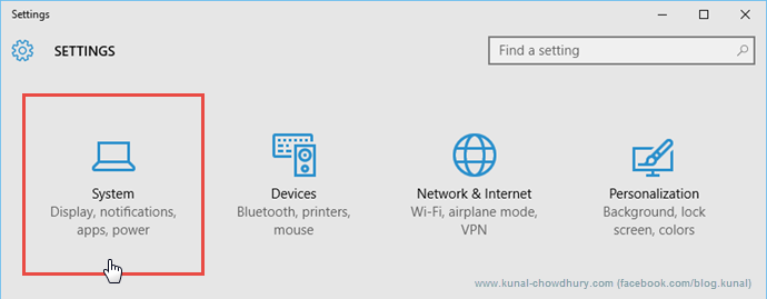 System Settings in Windows 10 (www.kunal-chowdhury.com)