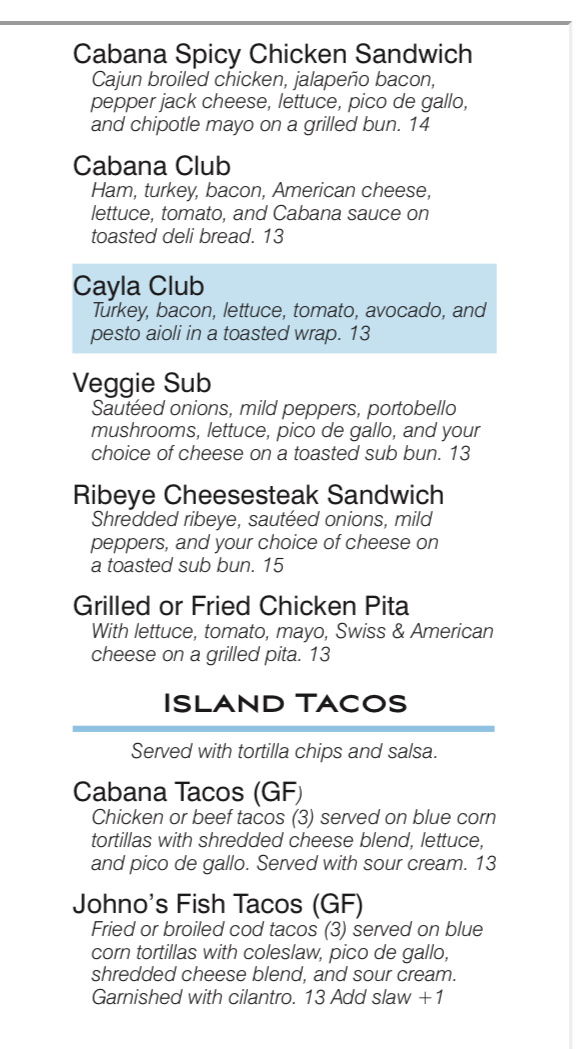Cabana Blue Lakefront Sports Bar & Grill gluten-free menu
