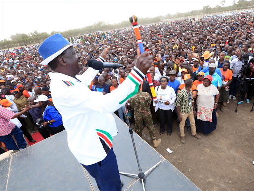 NASA flagbearer Raila Odinga addresses the crowd at Nakeel Grounds in Rongai, Kajiado North on Thursday, June 15. /DENNIS KAVISU