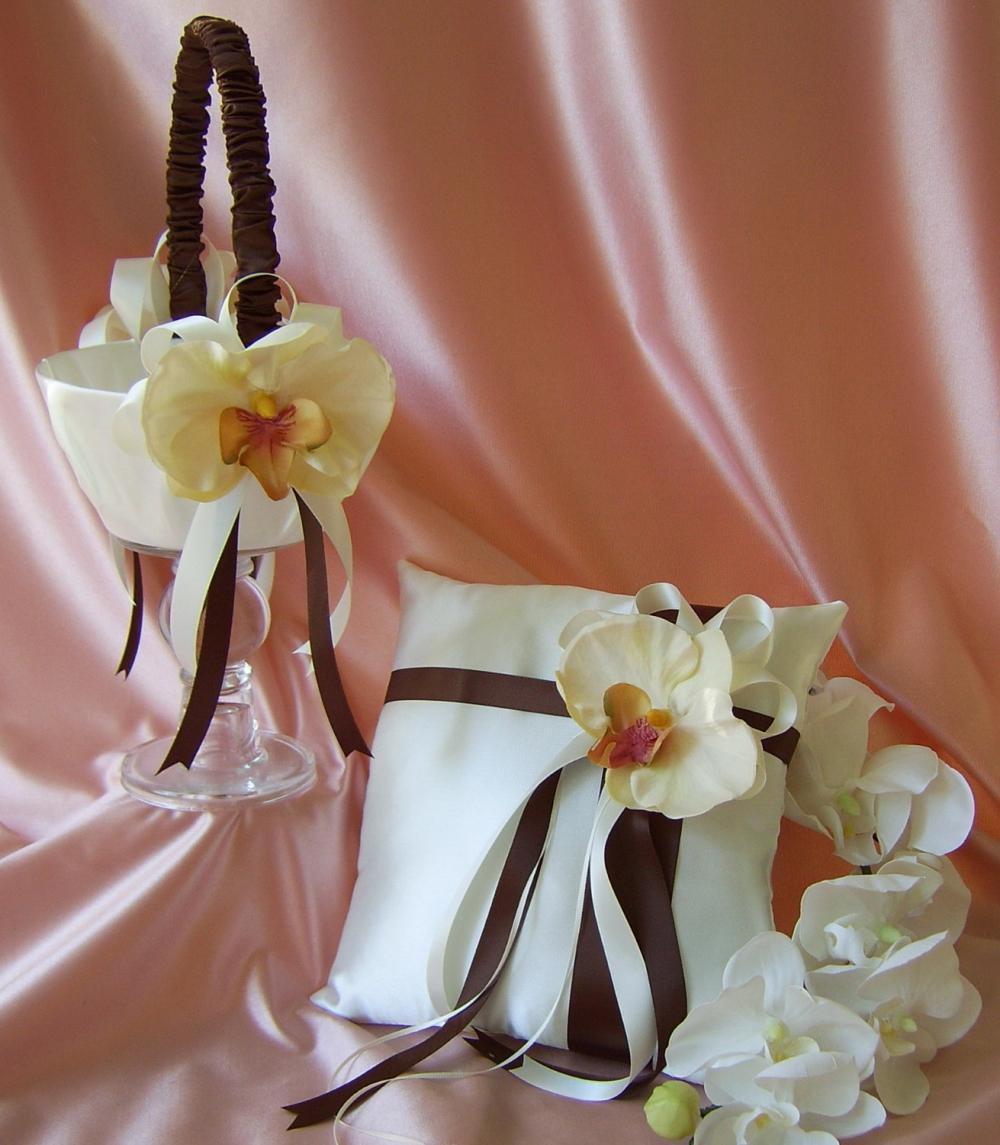 Chocolate Brown and Ivory Wedding Colors, Flower Girl Basket and Pillow Set