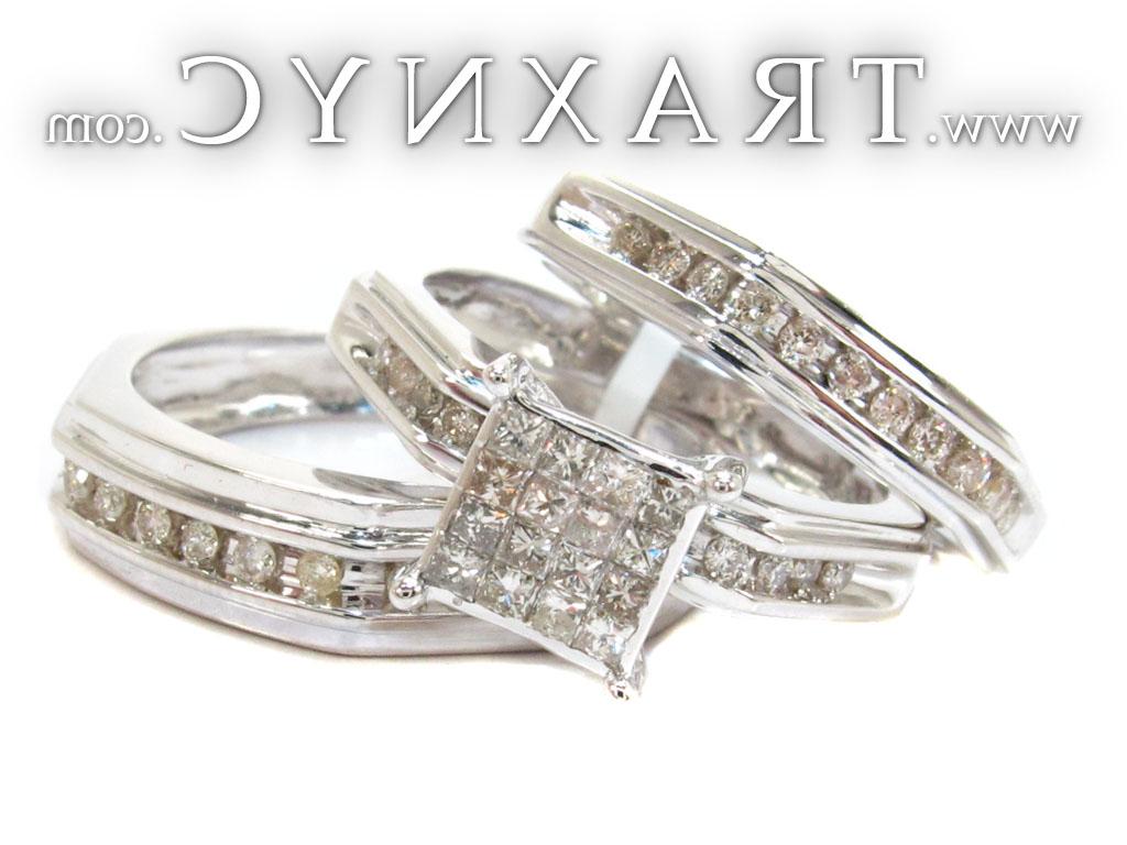 for White Gold Round Princess Cut Channel Invisible Diamond Ring Set