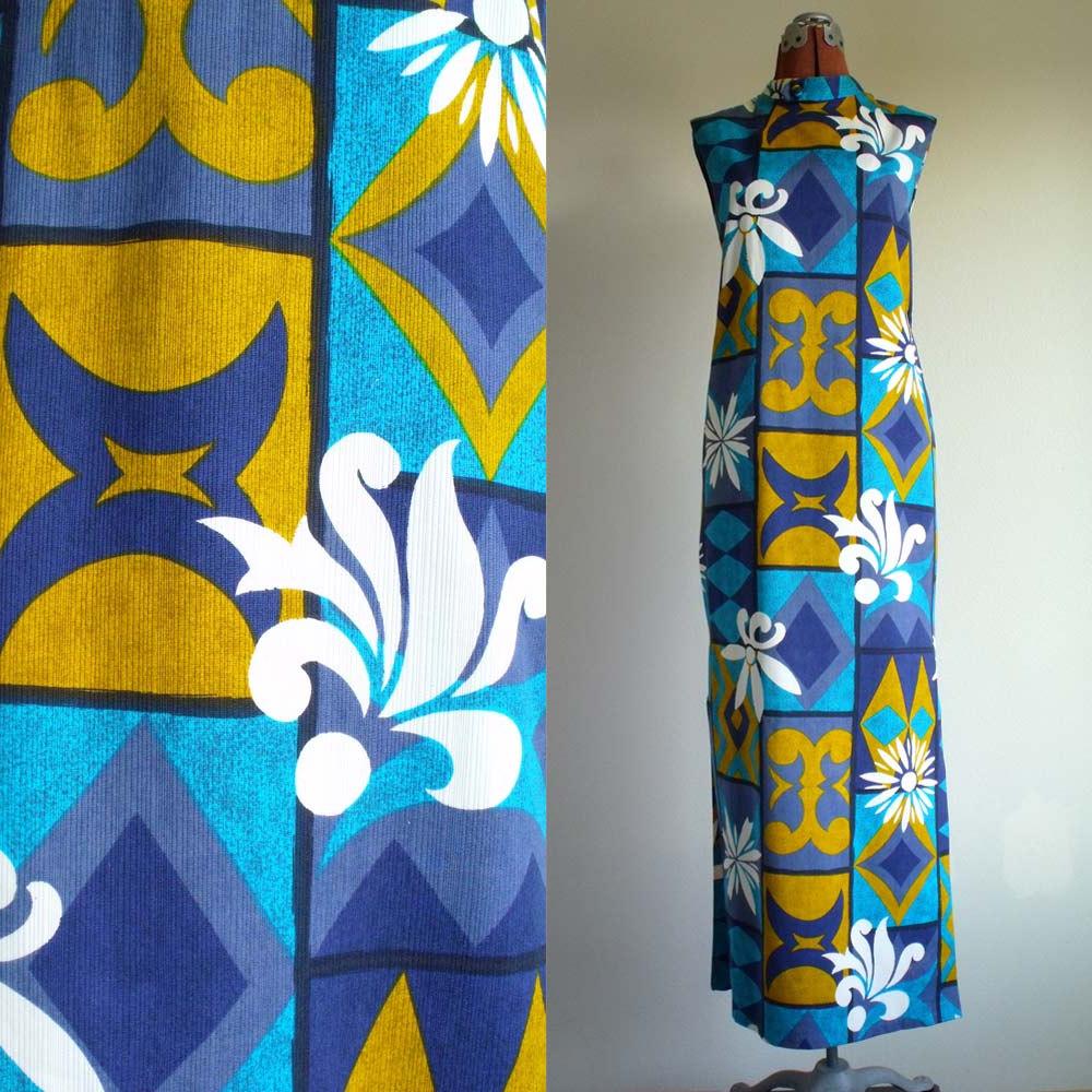 Vintage 60s Hawaiian Maxi Dress, Size M, Luau, Mod, Hostess, Print,
