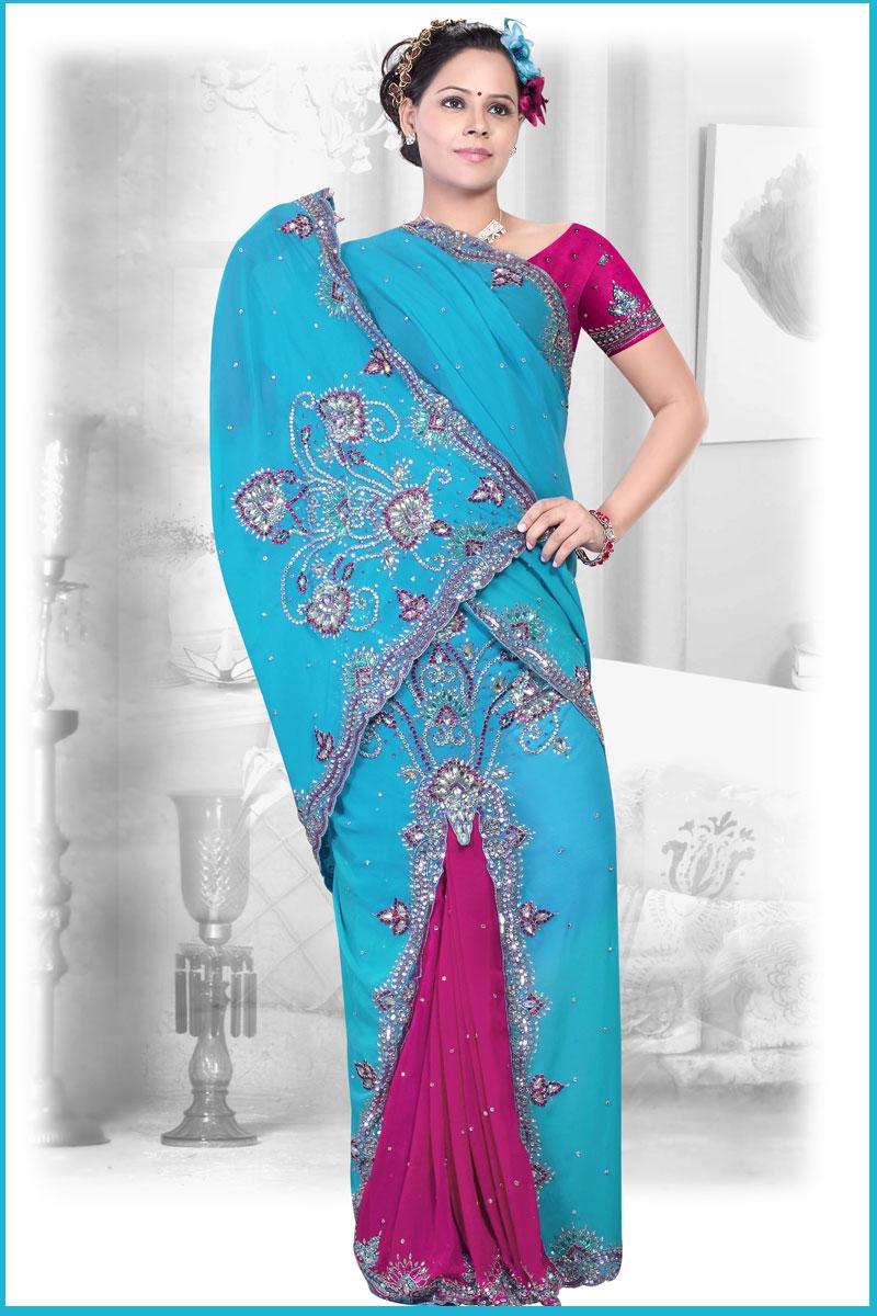 Turquoise and Dark Pink Wedding and Festival Embroidered Saree   209.00