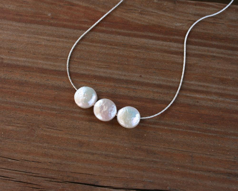 White coin pearl necklace - sterling silver - wedding jewelry,