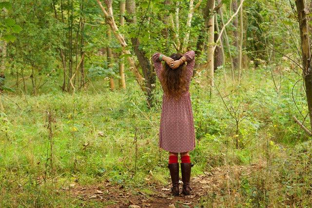 red seventies tunic dress with knee socks and long boots