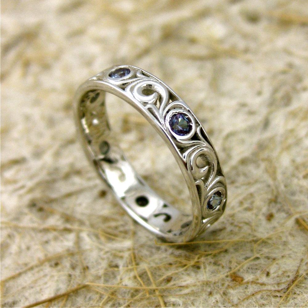 14K White Gold Curly Wedding Ring with Lab Created Alexandrite in Every